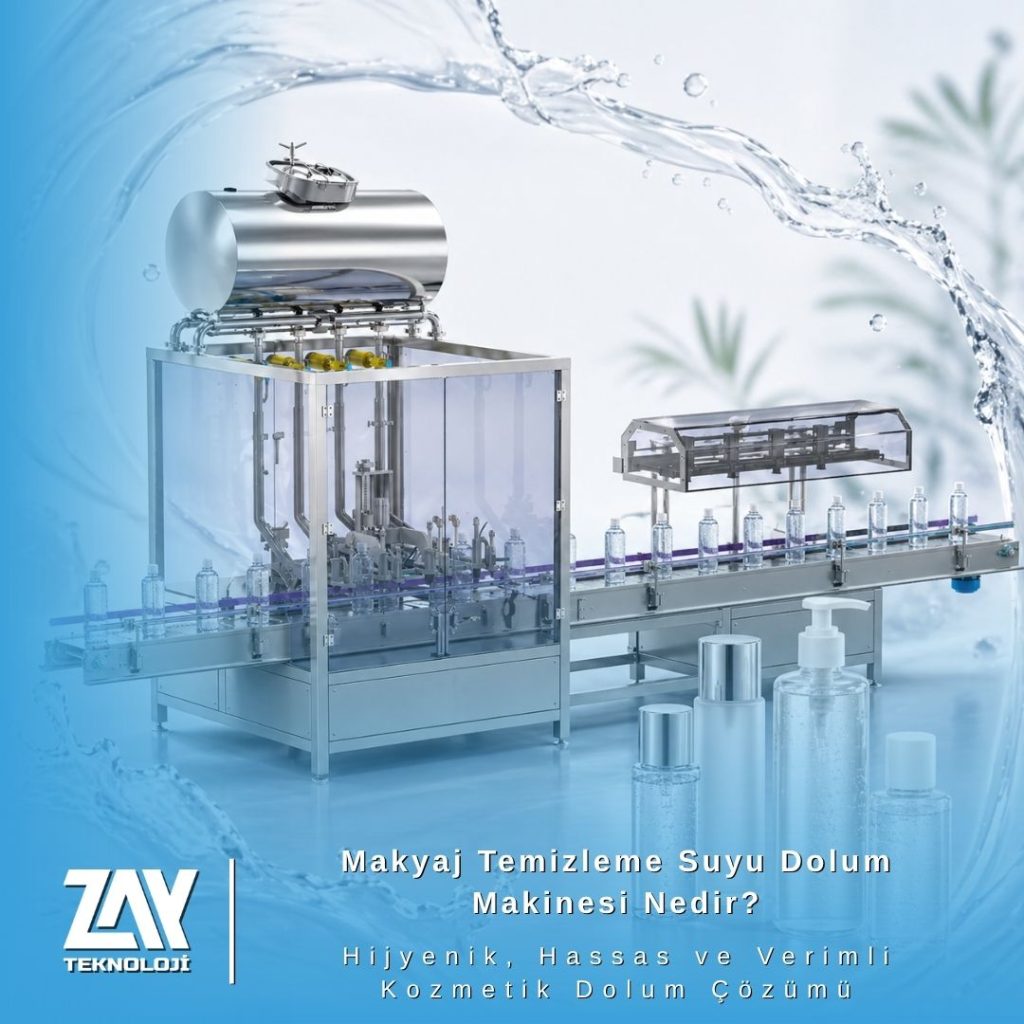 ZAY Teknoloji makyaj temizleme suyu dolum makinesi, sıvı kozmetik ürünlerin hijyenik, hassas ve verimli şekilde ambalajlanmasını sağlar.
