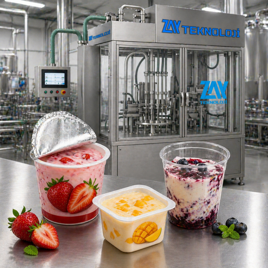 meyveli yoğurt dolum makinesi önünde çilek mango yaban mersini ambalaj örnekleri